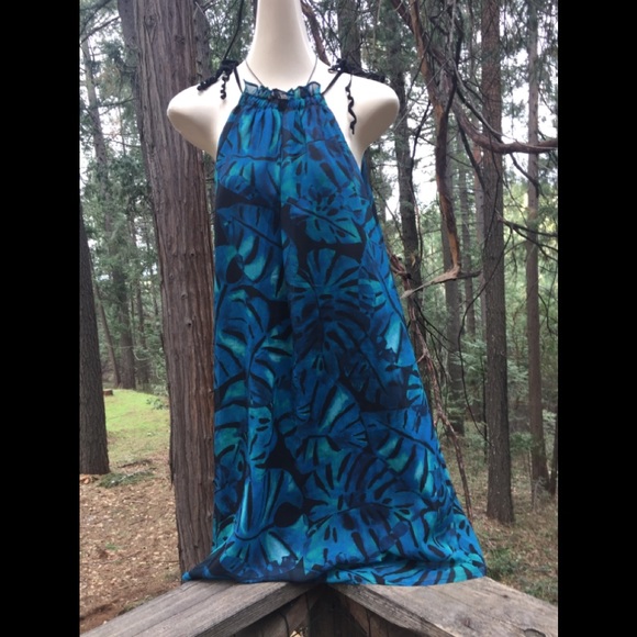 I .Madeline turquoise tropical print shades of the blue shift flowy halter dress - Picture 4 of 15